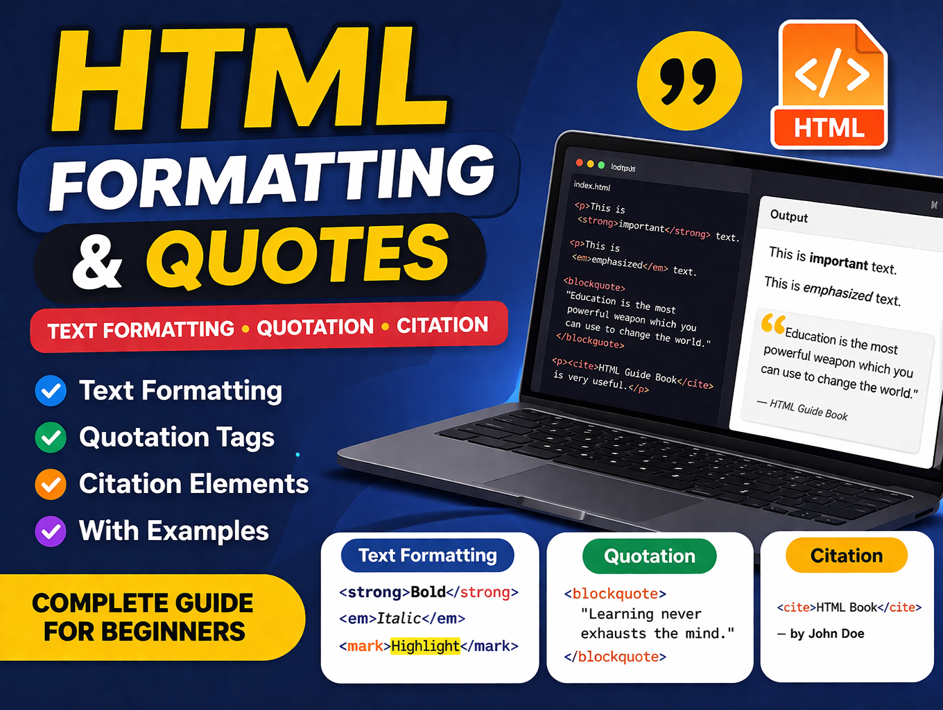 HTML Text Formatting, Quotation & Citation Elements Explained | Complete Guide