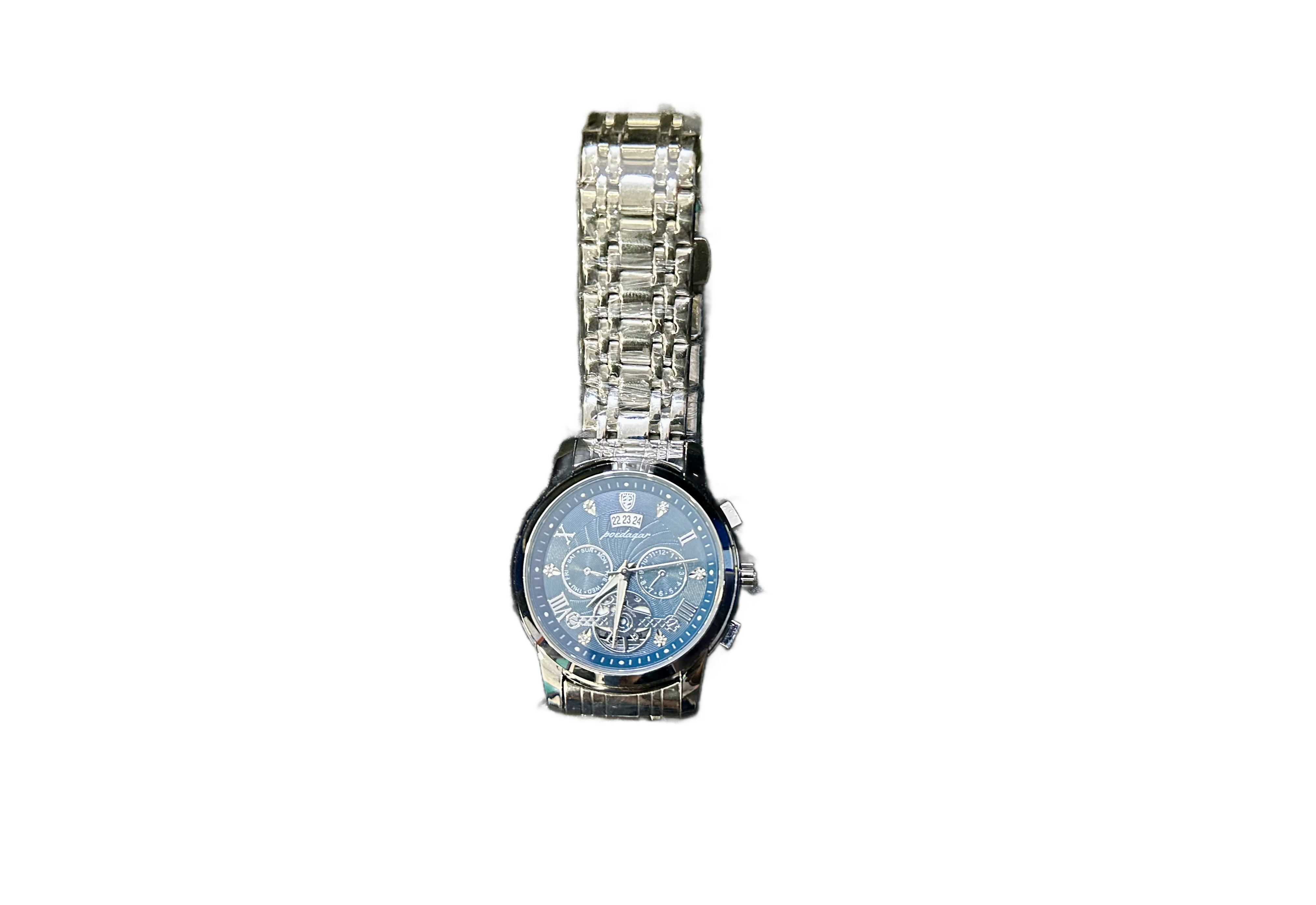 Poedagar Luxury Men's Automatic Watch – Blue Dial Mechanical Skeleton Chronograph, Stainless Steel Multi-Function Waterproof Wristwatch